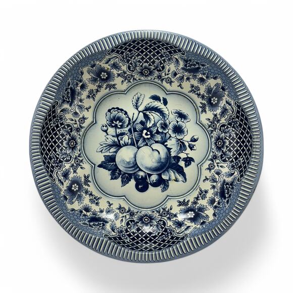 Vintage 1971 Daher Decorated Ware Blue & White Floral Fruit Tin Plate England - Picture 1 of 6